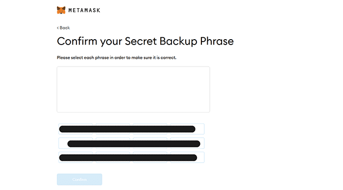 confirm secret backup phrase